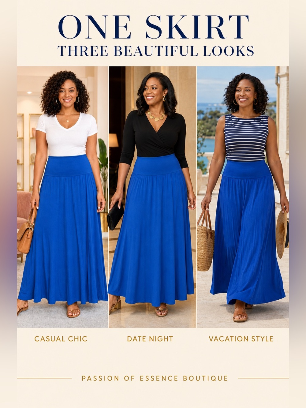 Royal Blue Fold-Over Waist Flowy A-Line Maxi Skirt - Picture 14 of 15